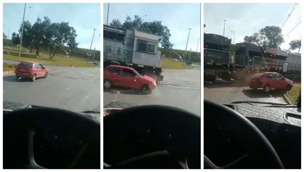 Caminhoneiro flagra carro colidindo com trem em Brasília