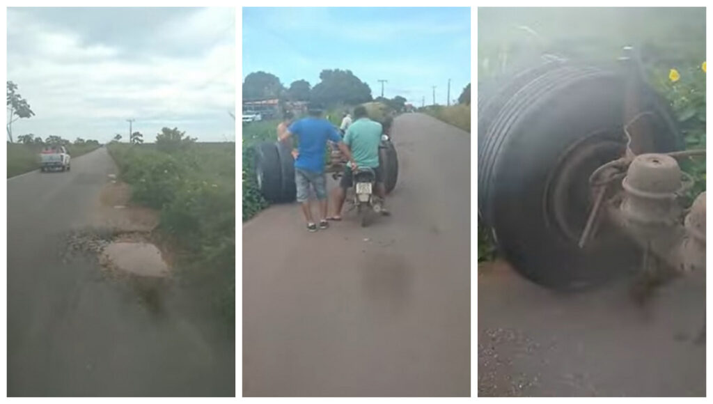 Caminhoneiro perde eixo ao cair em buraco e segue viagem sem perceber