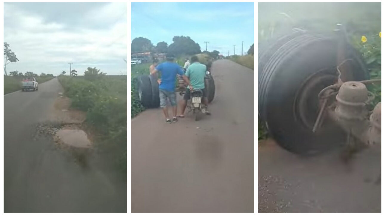 Caminhoneiro perde eixo ao cair em buraco e segue viagem sem perceber