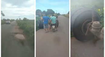 Caminhoneiro perde eixo ao cair em buraco e segue viagem sem perceber