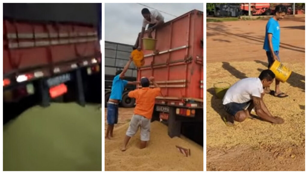 Caminhoneiro teve que carregar carreta de soja em balde após PRF abrir tombador