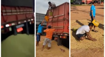 Caminhoneiro teve que carregar carreta de soja em balde após PRF abrir tombador