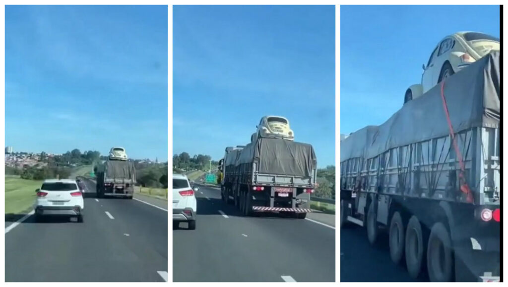 Vídeo flagra fusca sendo transportado de forma irregular por carreta