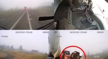 Uma câmera instalada na cabine de um caminhão filma um grave acidente no Paraná
