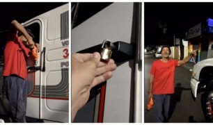 Caminhoneiro ensina o seu filho como consertar porta de caminhão