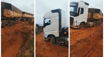 Caminhão bitrem atolado quase provoca tragédia