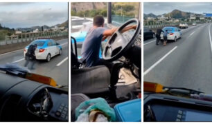 Caminhoneiro desce de caminhão para ajudar policial e empurra viatura da Polícia Militar