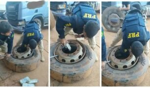 PRF desmonta pneu para encontrar 200 kg de droga no interior