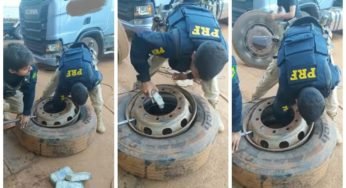 PRF desmonta pneu para  encontrar 200 kg de droga no interior