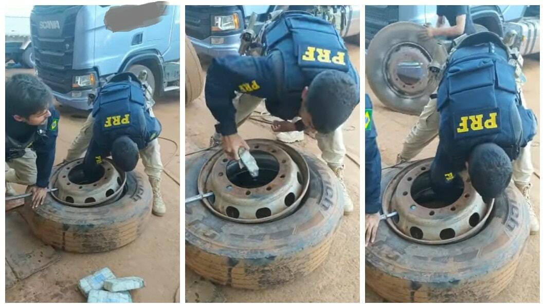 PRF desmonta pneu para encontrar 200 kg de droga no interior
