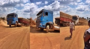 Video mostra caminhão DAF empinando durante subida em morro.