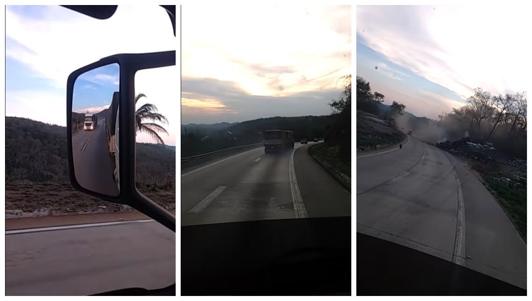 Caminhoneiro flagra colega de estrada tombando caminhão