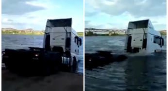 Caminhoneiro foi fazer graça e jogou caminhão dentro da água