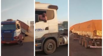 Caminhoneiro não aguenta esperar descarga e joga carga no pátio da empresa
