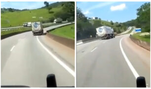 Caminhoneiro sem experiência é flagrado quase tombando caminhão em curva
