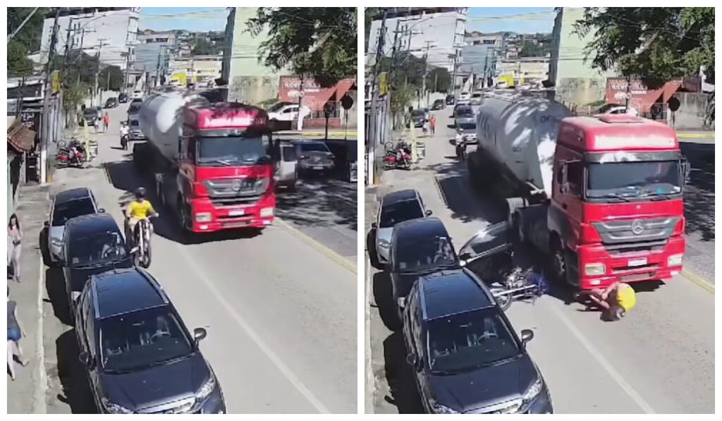 Motociclista é atropelado por caminhão após carro abrir porta