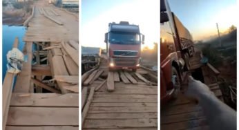 Ponte sobre rio prestes a desabar e caminhoneiros ainda precisam trafegar por ela
