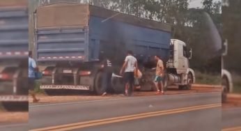 Caminhão pega fogo na roda ao descer a serra