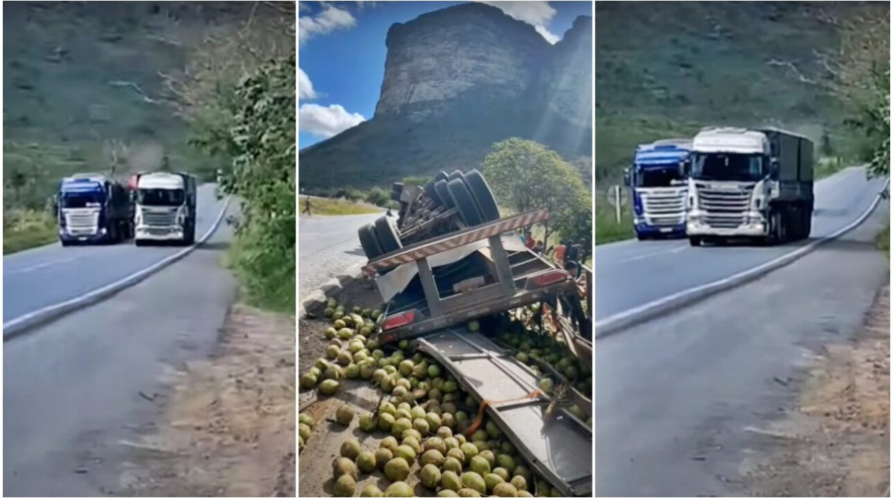 Caminhoneiro leva fechada e tomba caminhão