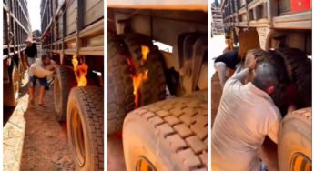 Caminhoneiro entra em desespero ao tentar encher pneu com combustível