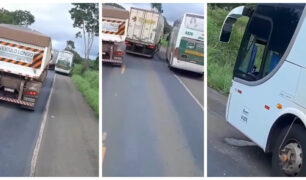  Caminhoneiro revoltado quebra vidro de ônibus no soco após fechada em trânsito
