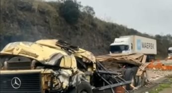 Caminhoneiro saiu ileso após grave acidente que deixou cabine amassada