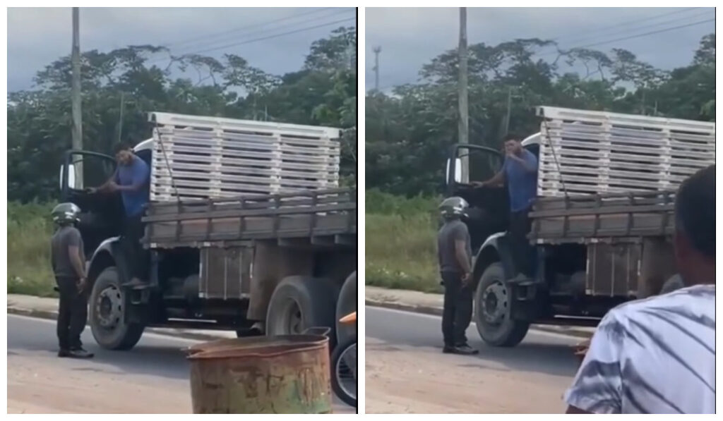 Caminhoneiro solta o verbo e encara policial armado