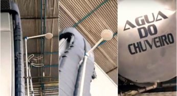 Caminhoneiro adapta um chuveiro na parte externa da cabine do Volvo FH