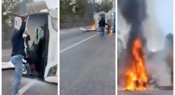 Motoristas se desesperam ao ver caminhoneiro preso às ferragens de veículo pegando fogo