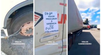 Posto de combustível acorrenta roda de caminhão para obrigar caminhoneiro pagar taxa de estacionamento.