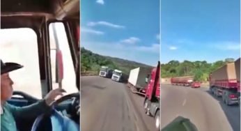 Caminhoneiro tenta podar fila de caminhões e acaba batendo de frente com outra carreta