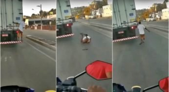 Veja o que aconteceu após homem subir na traseira de caminhão