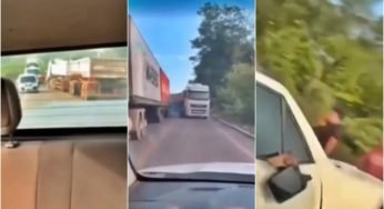 Carreta quase causa grave acidente ao invadir outra pista na contramão