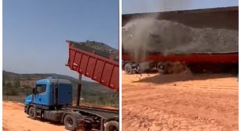 Caçambeiro se deu mal ao descarregar caminhão