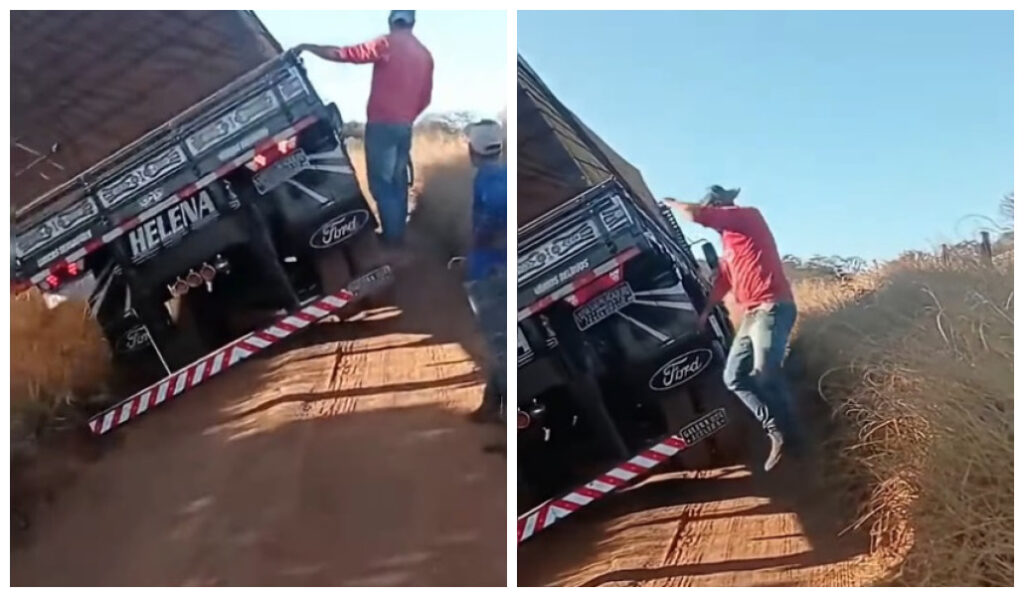 Caminhoneiro se desespera ao ver seu caminhão tombando em estrada de terra