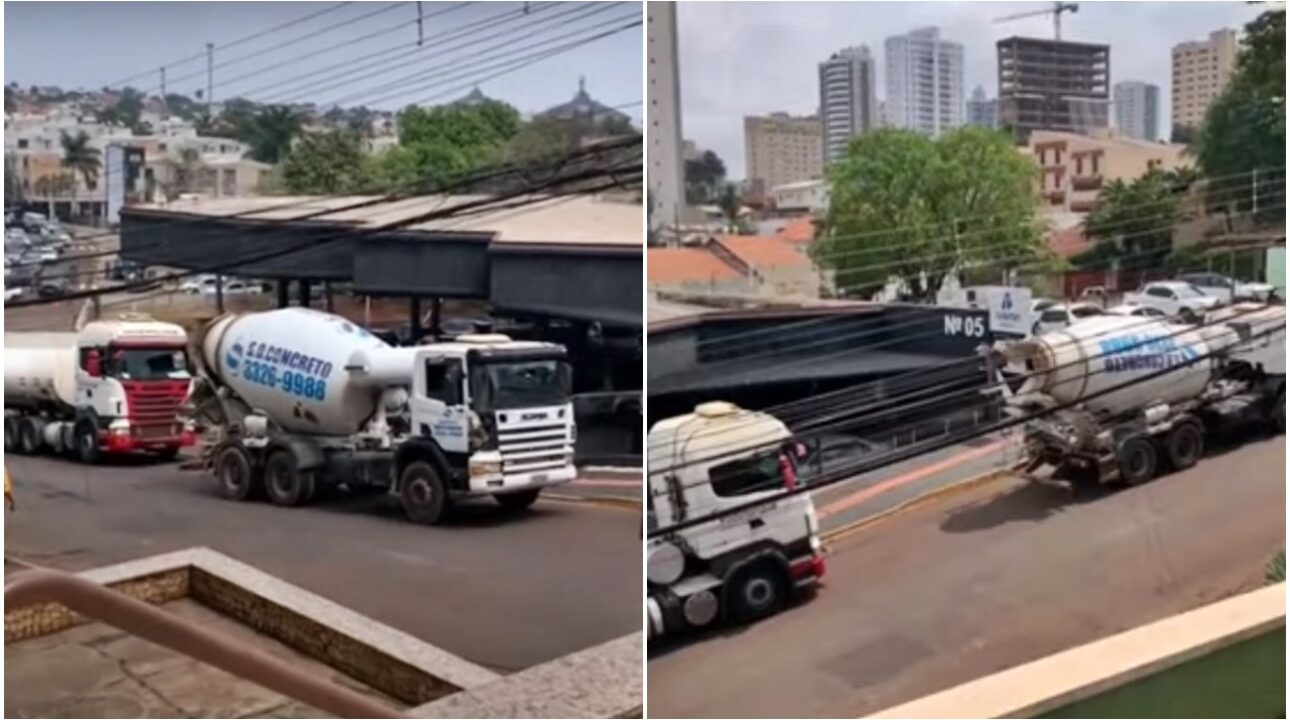 Caminhoneiro não conseguiu subir, e precisou de ajuda de uma betoneira