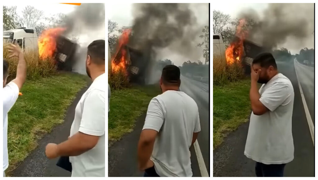 Caminhoneiro se desespera com veículo em chamas e família morta