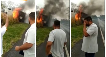 Caminhoneiro se desespera com veículo em chamas e família morta