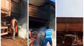 Caminhoneiros se juntam para salvar carreta que estava pegando fogo