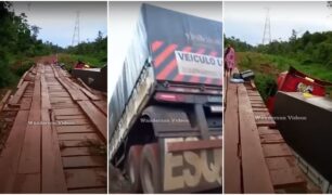 caminhão caido sobre a ponte