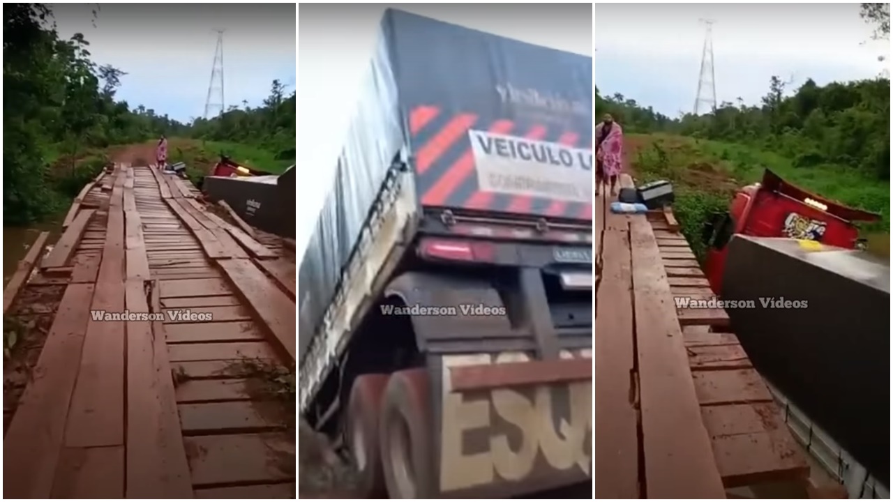 caminhão caido sobre a ponte