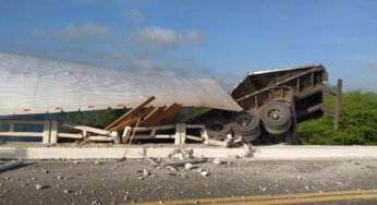 Caminhão baú, carregado com madeira, cai de ponte na BR – 223