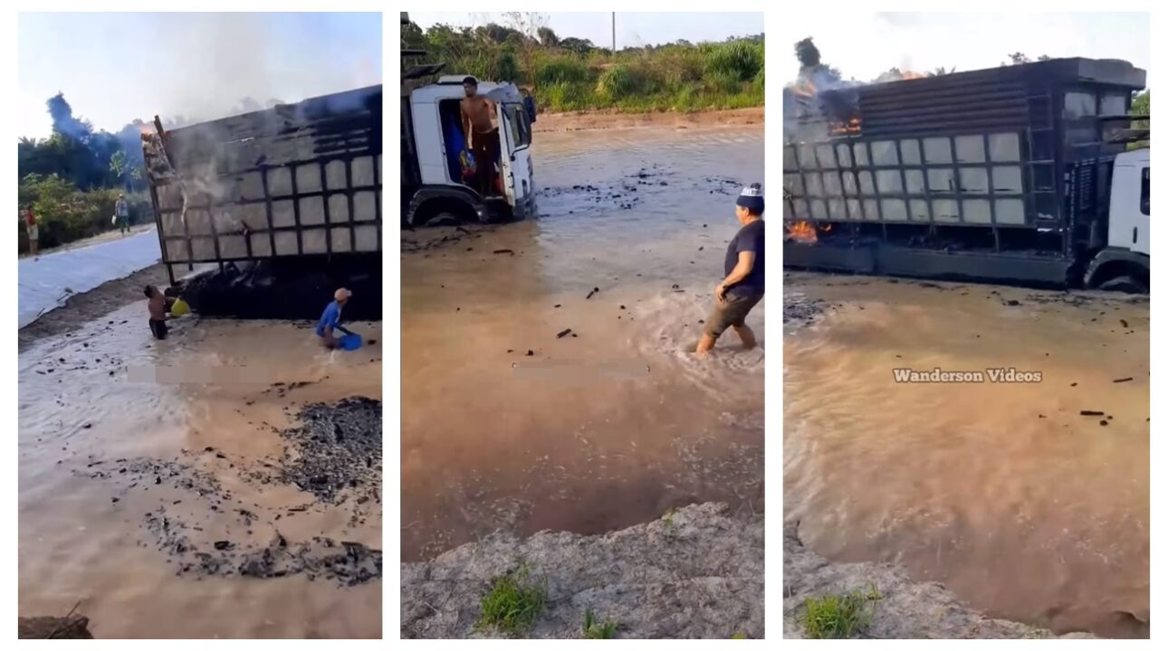 Caminhoneiro joga caminhão no rio para evitar incêndio