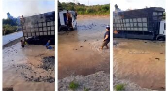 Caminhoneiro joga caminhão no rio para evitar incêndio