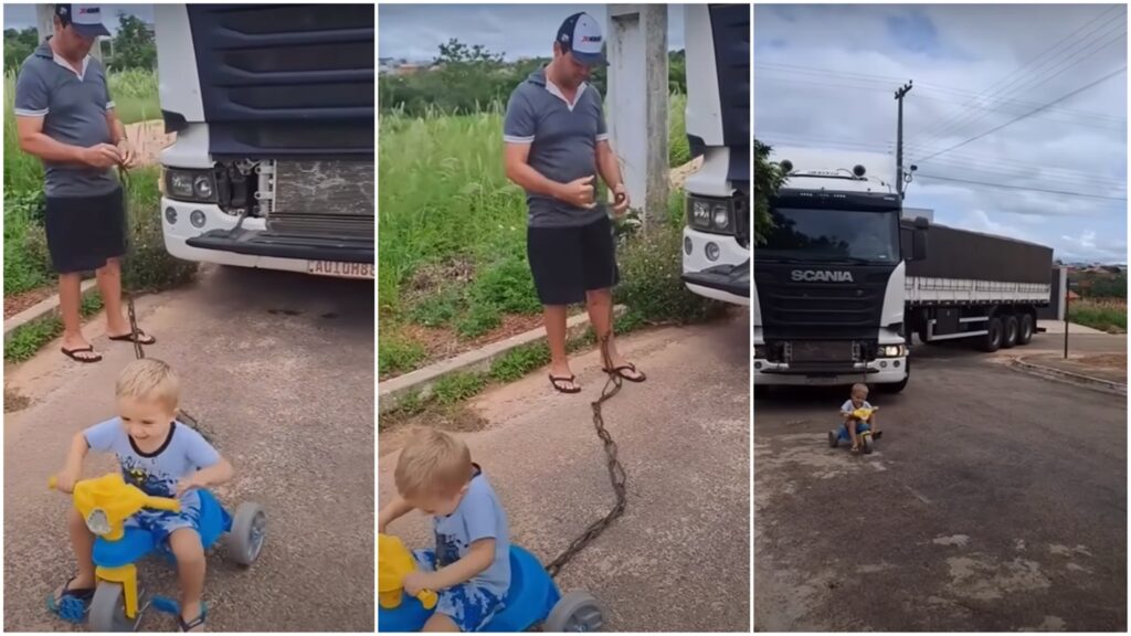 Criança puxando caminhão