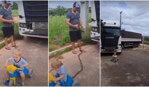 Criança puxando caminhão