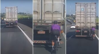 Ciclista cola na traseira de caminhão em uma das principais rodovia de São Paulo