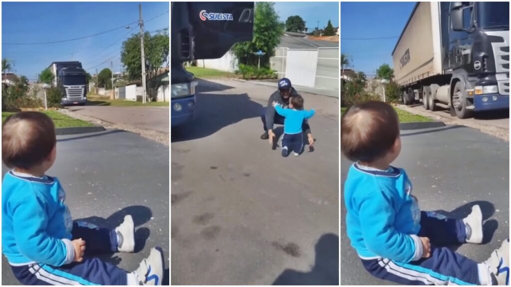 Filho esperando o pai caminhoneiro chegar de viagem