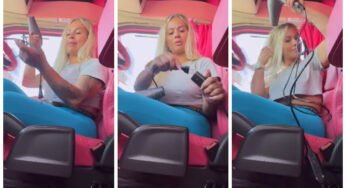 Sheila Bellaver mostra como faz para secar o cabelo na cabine do caminhão