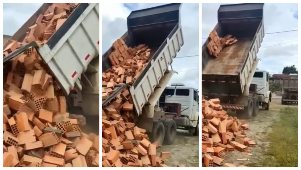 Caminhoneiro revoltado descarrega tijolos na porta da obra